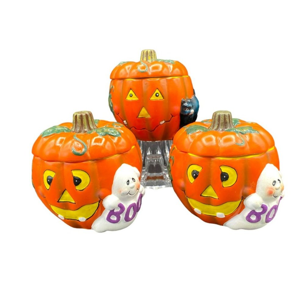 Set of 3 K's Collection Covered Ceramic Pumpkin Jack-o-lantern Ghost Black cat
